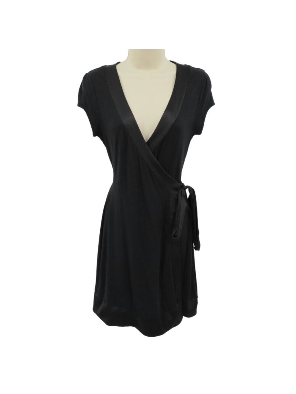 Express Women Extra Small XS Solid Black Satin Trim V Neck Wrap Dress Cap Sleeve